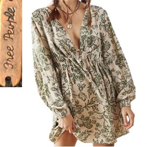 Free People Soli Mini Dress XS Fern Combo Deep V Long Sleeve Boho